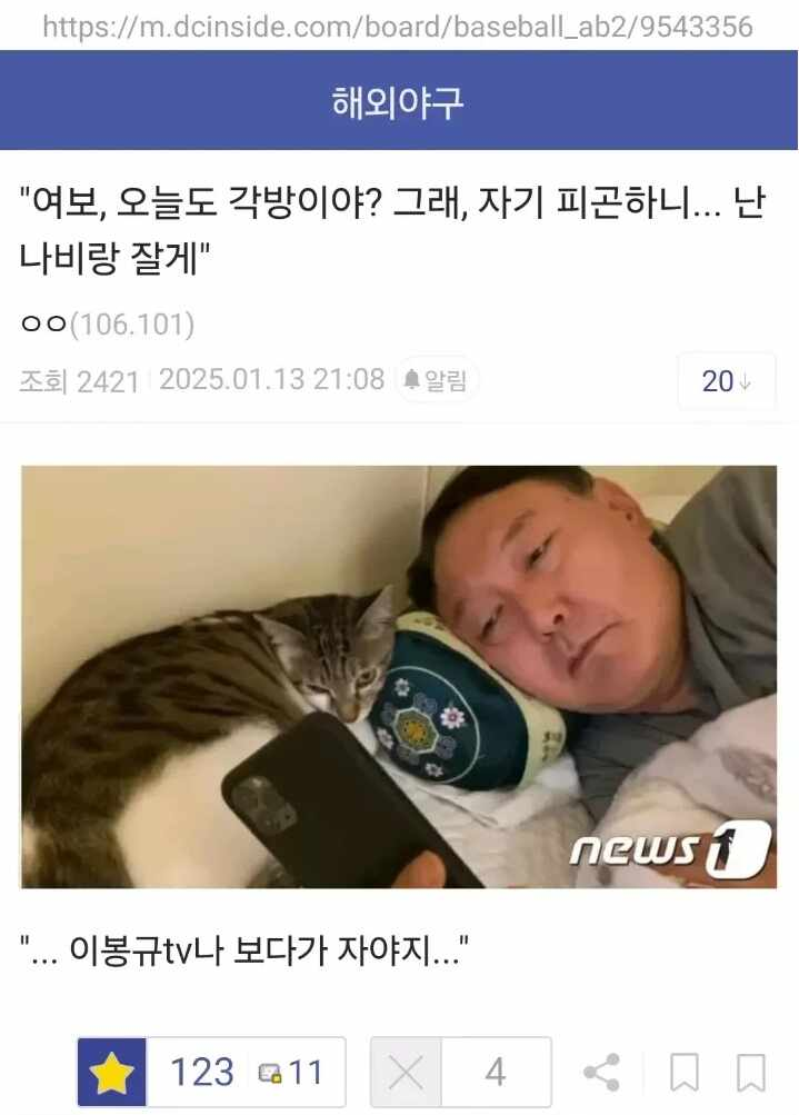 https://m.dcinside.com/board/baseball_ab2/9543356
해외야구
&quot;여보, 오늘도 각방이야? 그래, 자기 피곤하니... 난 나비랑 잘게&quot;
ㅇㅇ(106.101)
조회 2421 2025.01.13 21:08
알림
20
&quot;... 이봉규tv나 보다가 자야지...&quot;
12311
X
