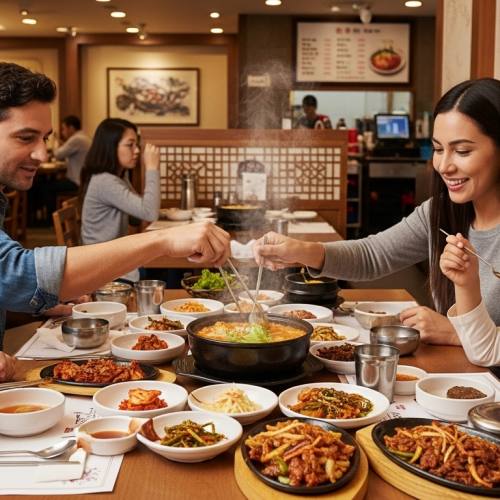 패밀리 레스토랑에서 식사하는 가족 사진