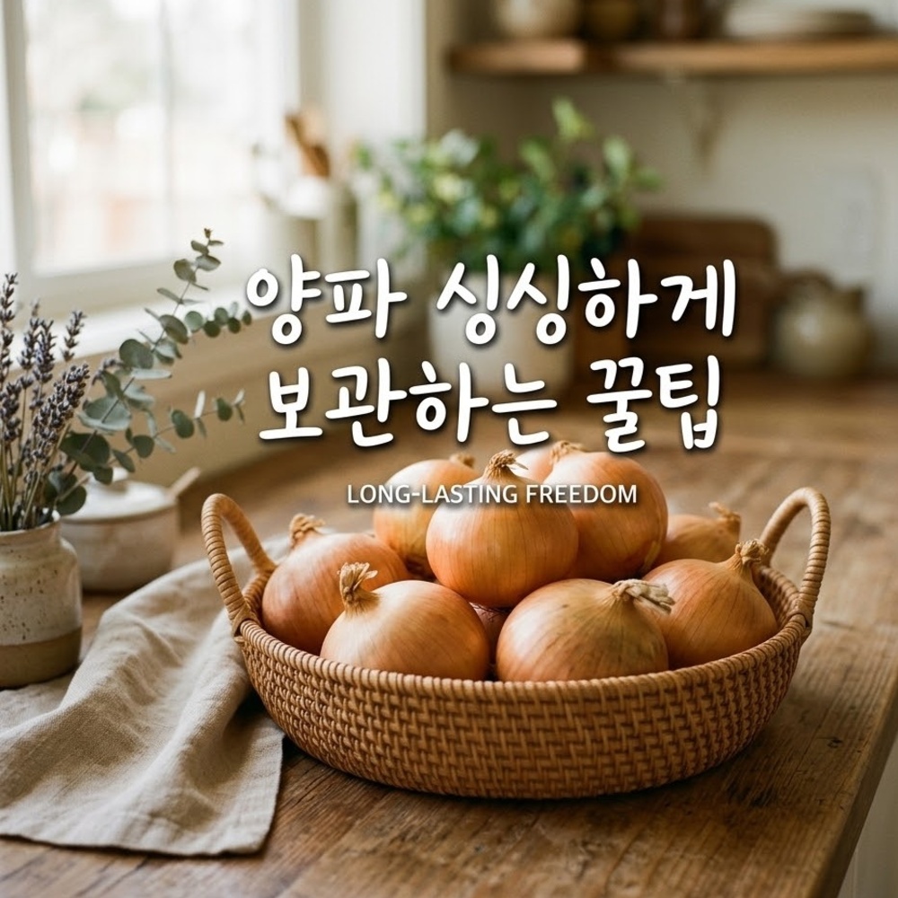 깨끗한 양파가 라탄 바구니에 담겨 있고 한국어 텍스트가 있는 감성적인 사진