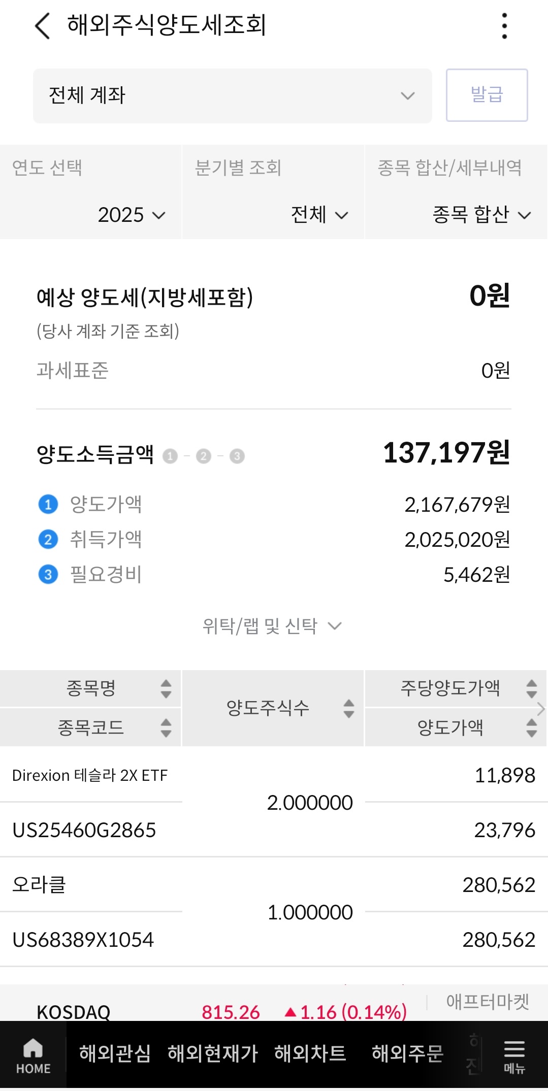 해외주식 양도세 조회 결과 - 종목별 세부 내역