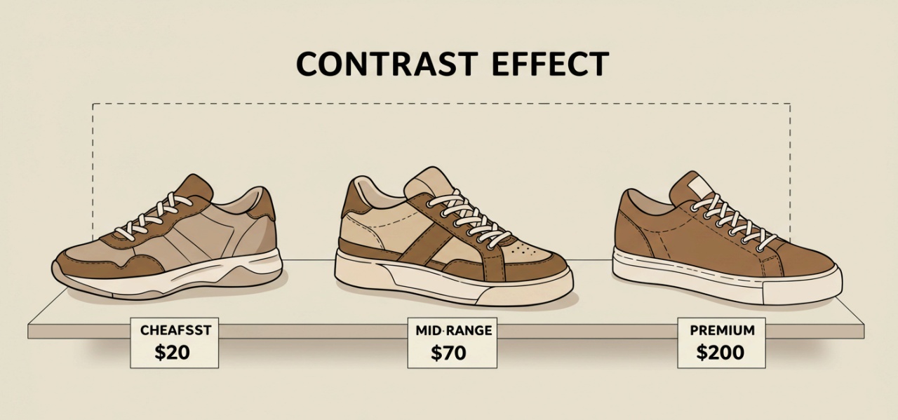 $20, $70, $200의 운동화가 나란히 진열된 가격 대조 일러스트