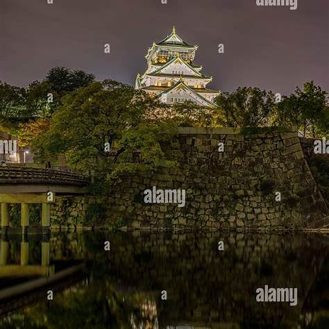 밤에 달빛이 비치는 오사카성 수로 풍경