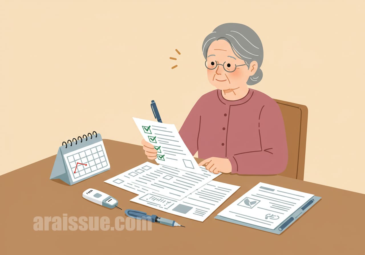 신청 전 체크리스트를 보는 할머니 일러스트