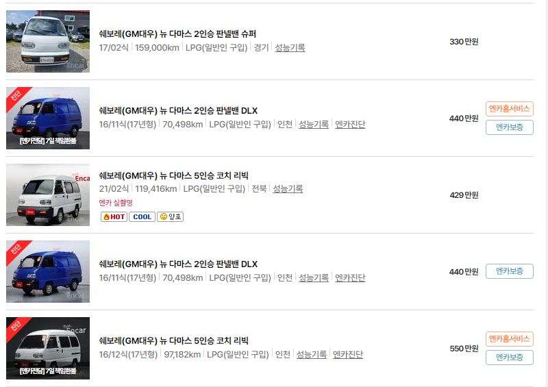 쉐보레 다마스 중고차 가격 시세표 24년 10월