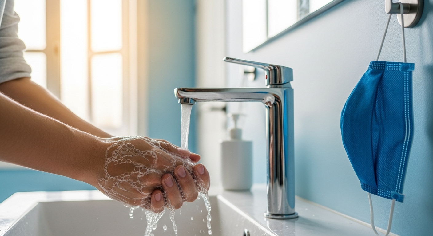 코로나 예방을 위한 손 씻기, 마스크 착용, 실내 환기 등 건강한 생활 습관을 보여주는 이미지.