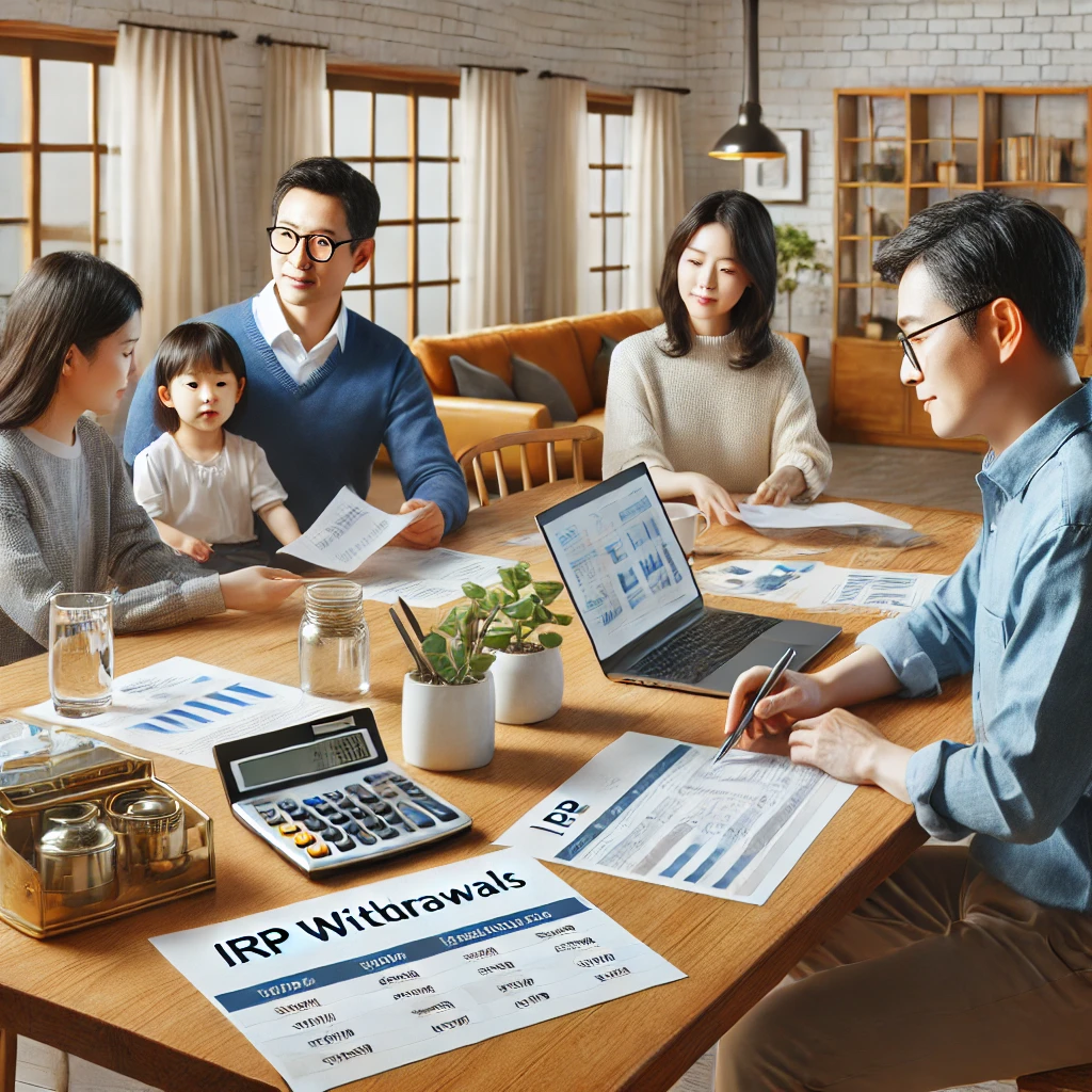 한국인 가족이 식탁에서 IRP 출금 전략을 논의하는 모습. 노트북, 문서, 계산기가 놓인 따뜻하고 협력적인 가정 환경