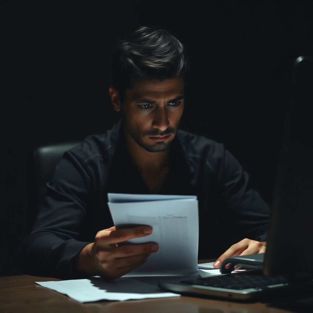 어두운 배경 속에서 한 인물이 책상에 앉아 서류 뭉치나 컴퓨터 화면을 심각하게 바라보고 있습니다. 얼굴에는 고민과 결심의 복잡한 감정이 스쳐 지나가며, 손은 조심스럽게 서류를 만지거나 키보드 위에 올려져 있습니다. 인물의 뒷모습이나 옆모습을 강조하여 익명성과 내면의 고뇌를 표현하고, 빛과 그림자를 활용하여 결단이 쉽지 않음을 나타냅니다. 사실적인 또는 약간 추상적인 느낌으로 표현하여 긴장감을 더할 수 있습니다.