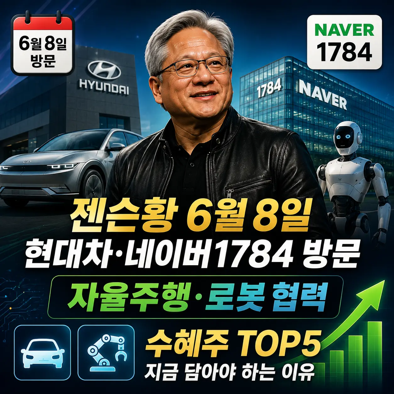 젠슨황 6월 8일 현대차&middot;네이버1784 방문 &mdash; 자율주행&middot;로봇 협력 수혜주 TOP5 지금 담아야 하는 이유 2026