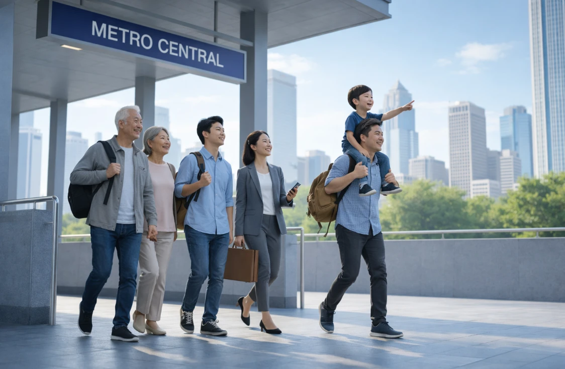 모두의 카드로 교통비 부담 없이 즐겁게 출퇴근하거나 이동하는 어르신, 학생, 직장인, 가족 등 다양한 사람들이 행복하게 대중교통을 이용하는 모습.