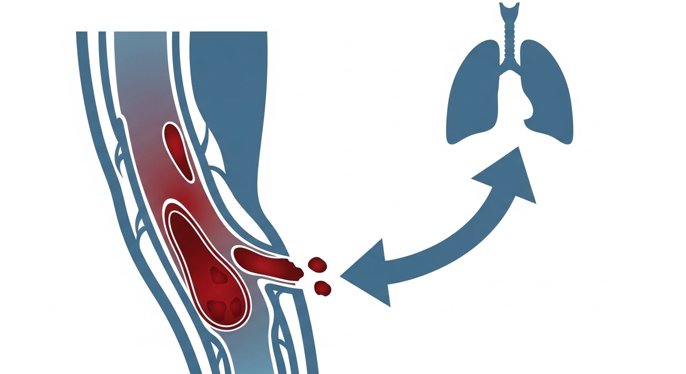 다리 정맥에서 혈전이 형성되어 폐로 이동하는 과정을 보여주는 의학 다이어그램.