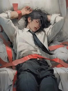 흰-와이셔츠를-입고-검은-넥타이를-맨-남자가-침대에-누워-쓰러져-있는-모습