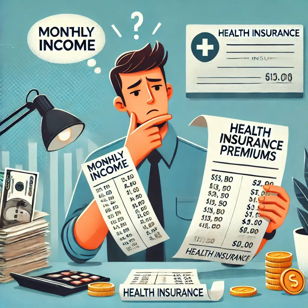 월 소득 상승으로 인해 건강보험료 납부에 관해 부담을 느끼는 근로자를 시각적으로 표현한 일러스트 이미지