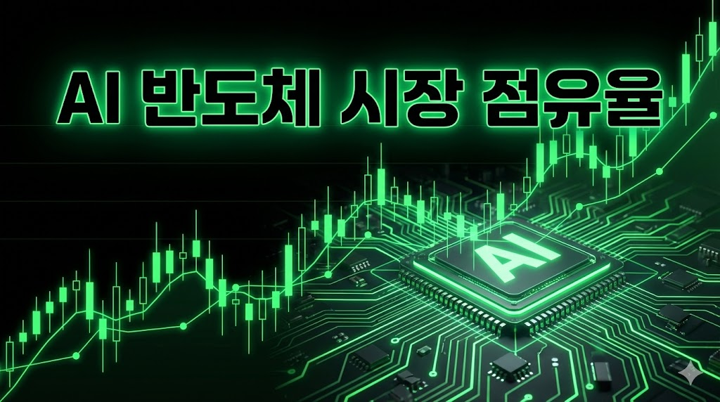 AI 반도체 시장 점유율 상승을 보여주는 주식 차트와 반도체 회로 디자인.
