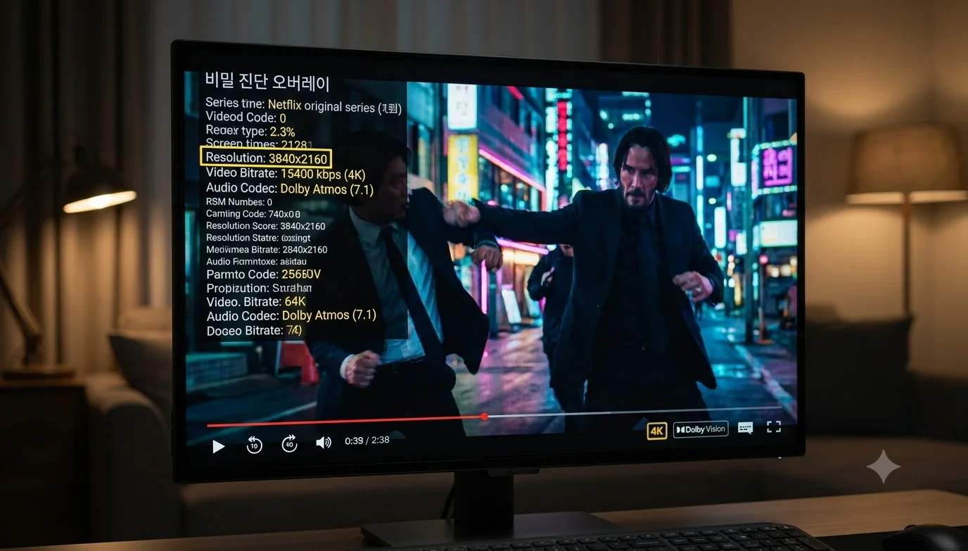 넷플릭스 화질 확인 단축키 Ctrl Alt Shift D 실행 4K 3840x2160 비트레이트 오버레이 화면