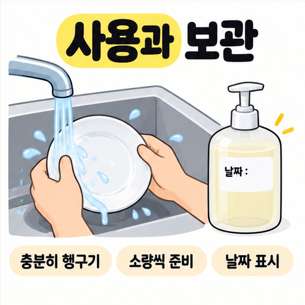 흐르는 물로 접시를 헹구는 손과 날짜 라벨을 붙인 세제 용기로 충분한 헹굼과 소량 준비 및 날짜 표시를 안내하는 그림