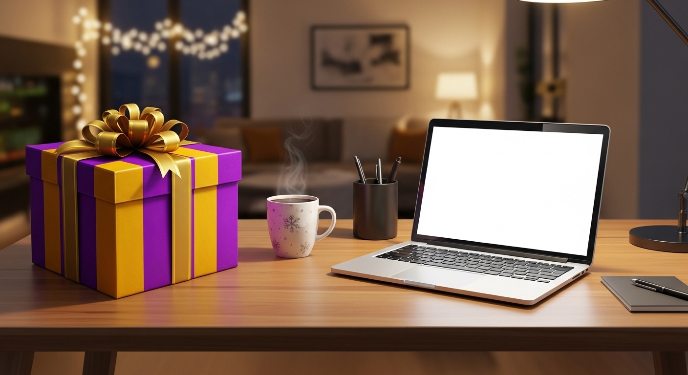 2025년 크리스마스, 사회 초년생을 위한 보라색과 노란색 포장 선물이 놓인 아늑한 사무실 책상 풍경.