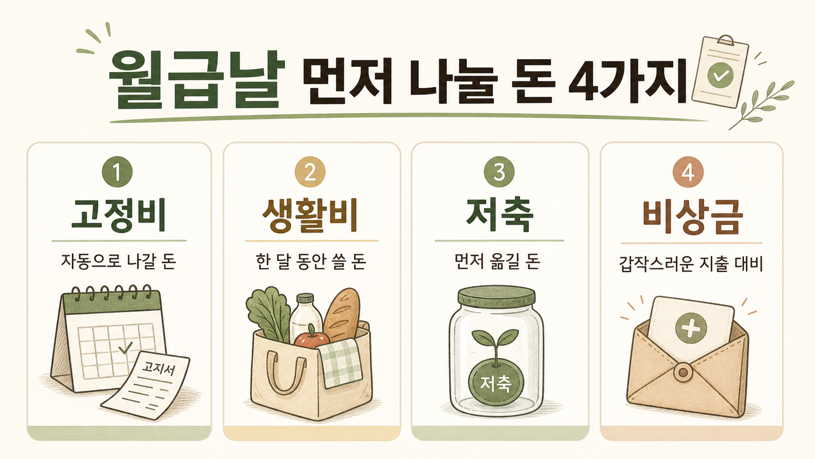 월급 관리에서 고정비 생활비 저축 비상금 4가지를 나누는 카드형 인포그래픽