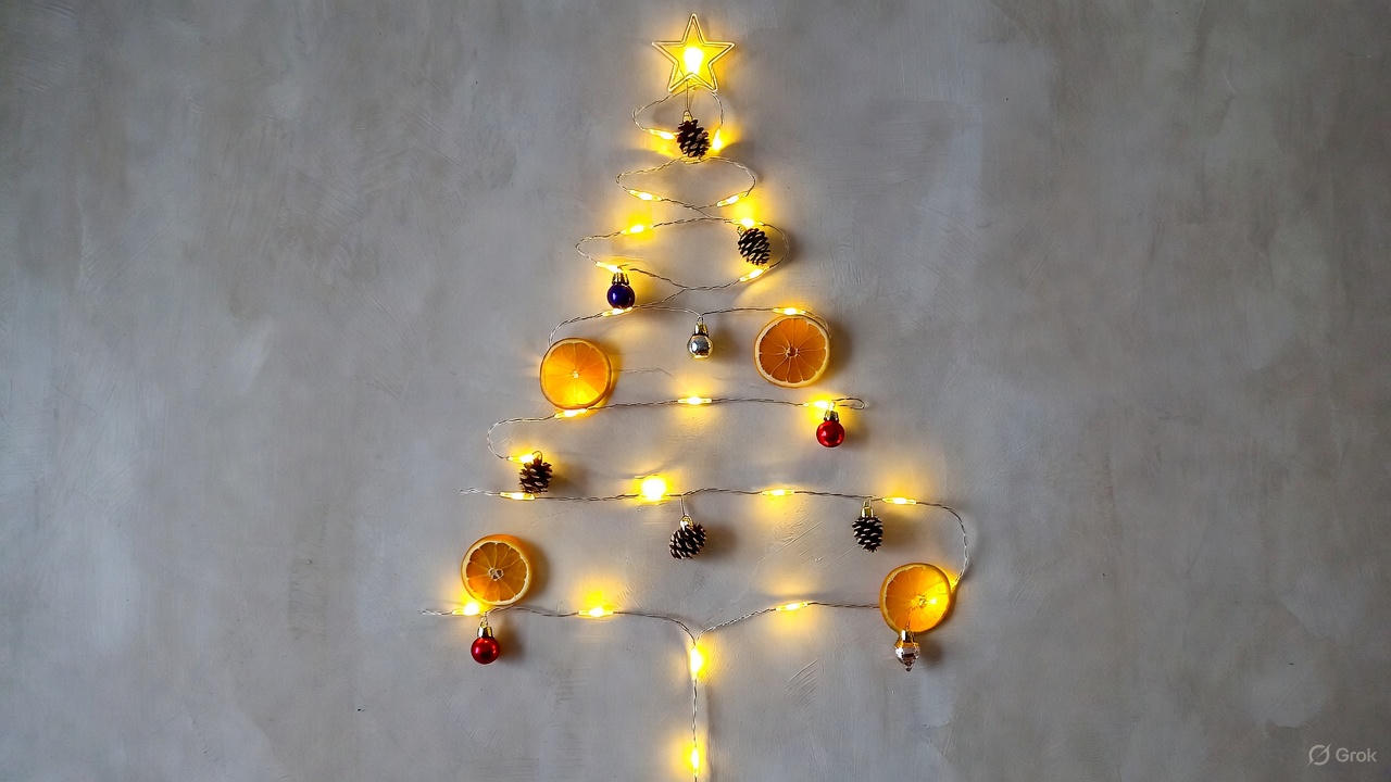 따뜻한 꼬마전구와 작은 솔방울로 장식된 미니멀한 DIY 벽트리 클로즈업