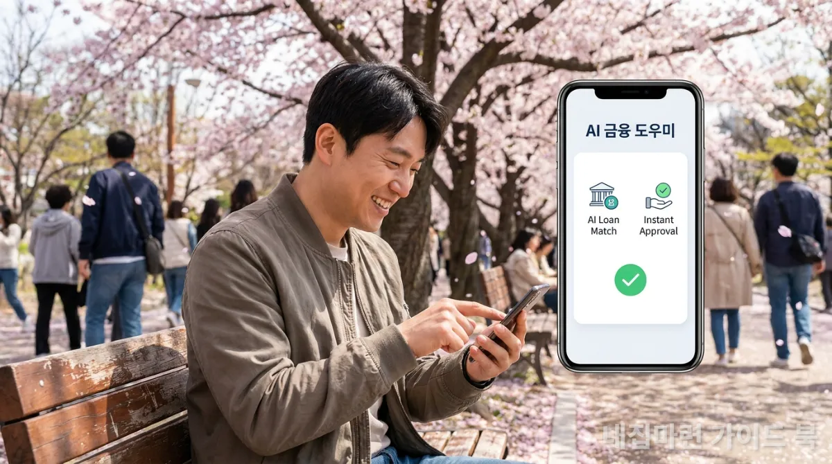 벚꽃이 핀 공원 벤치에서 AI 대출 앱을 간편하게 사용하는 한국인 남성