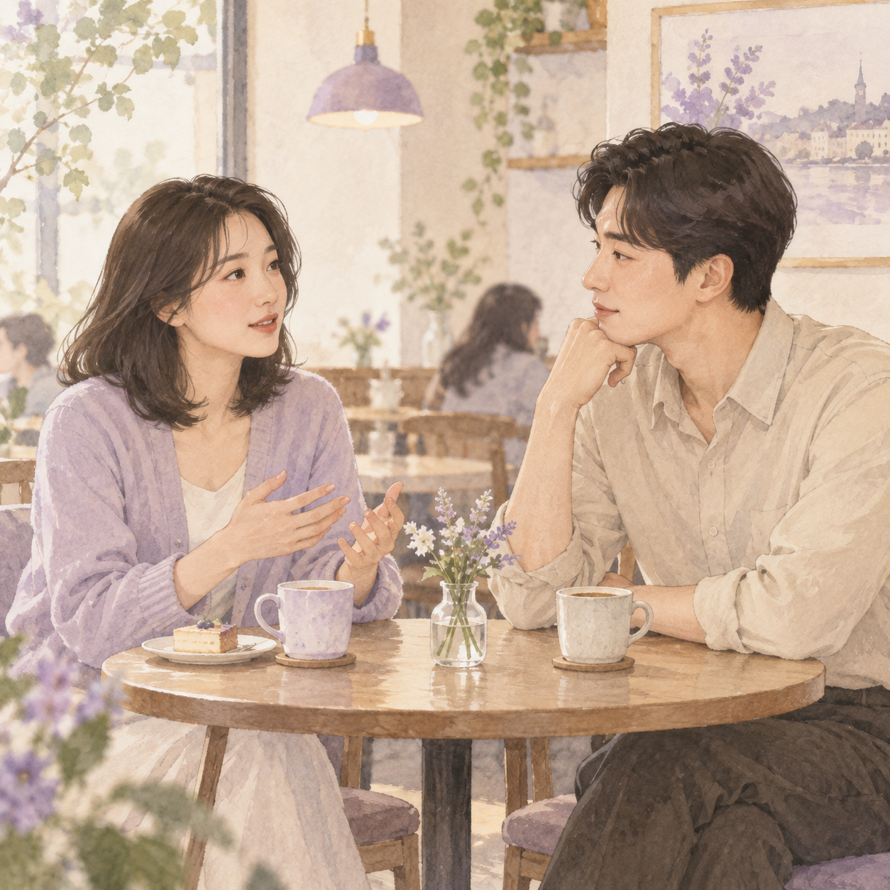 카페에서 서로의 마음과 서운함을 차분히 이야기하는 지은과 현우