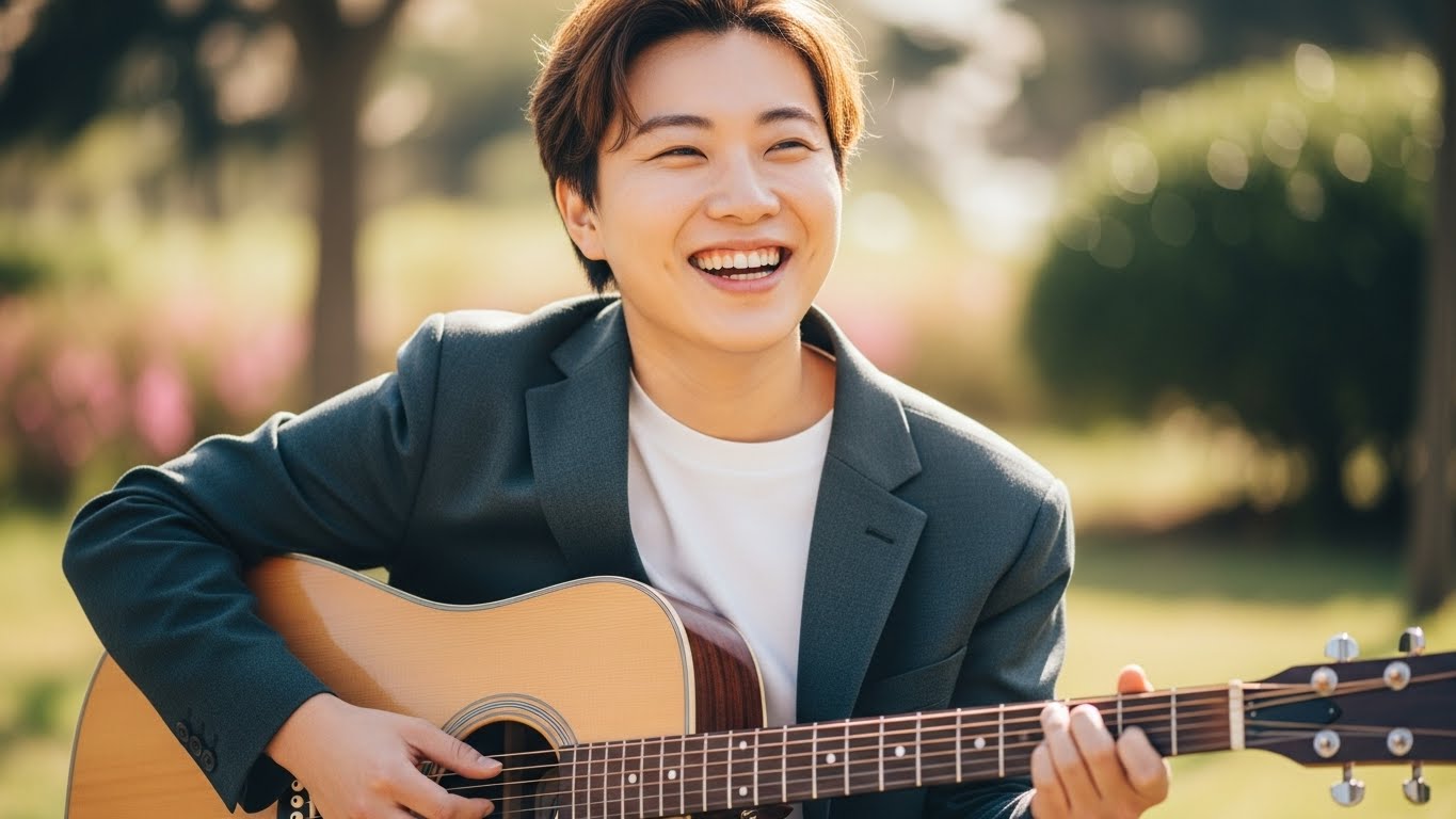 [이미지 #마지막: 기타를 품에 안고 밝게 웃고 있는 연주자의 모습]