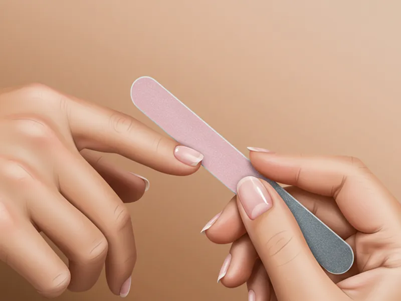 한 여성이 네일 파일을 사용하여 손톱 끝을 한 방향으로 부드럽게 다듬고 있는 모습.