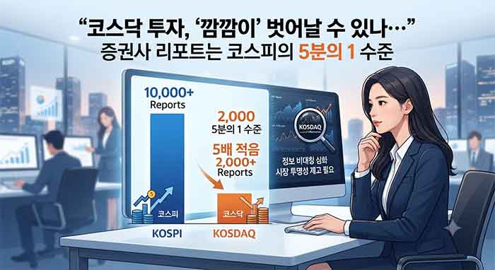 코스피 대비 코스닥 리포트 부족을 나타낸 인포그래픽 이미지.