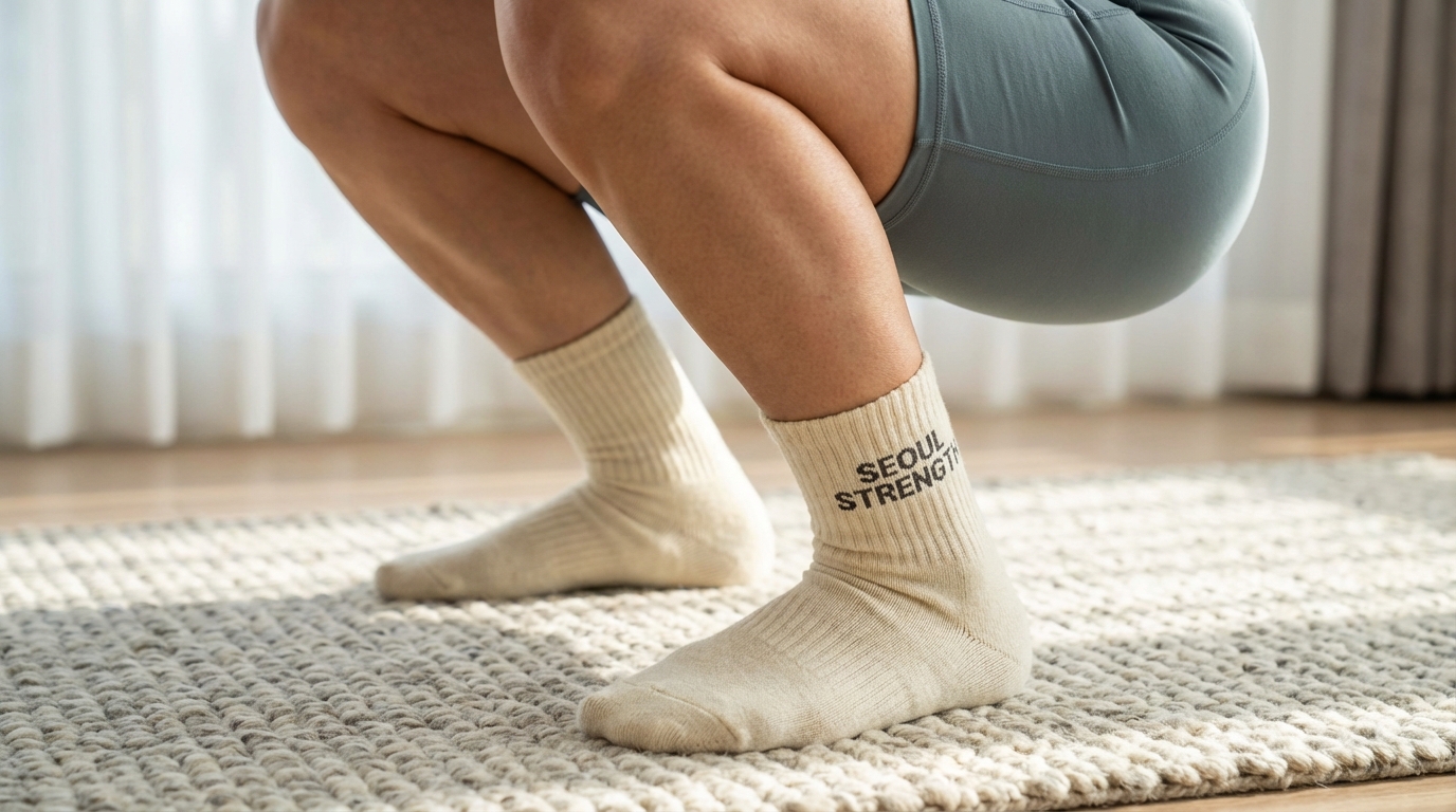 무릎이 발끝을 과도하게 넘지 않는 올바른 스쿼트 자세와 두꺼운 매트를 착용한 홈트레이닝 모습