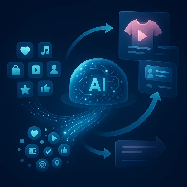 AI 알고리즘이 소비자의 클릭, 관심, 선호 데이터를 분석하여 개인 맞춤 콘텐츠와 제품을 추천하는 흐름을 시각화한 디지털 일러스트