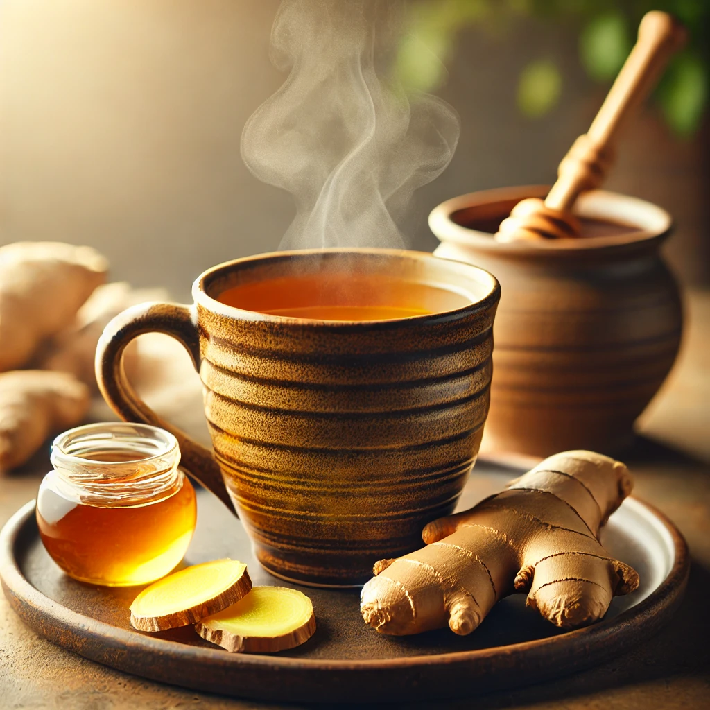 따뜻한 생강차 한 잔과 신선한 생강 슬라이스, 꿀이 곁들여진 따뜻한 분위기의 티타임