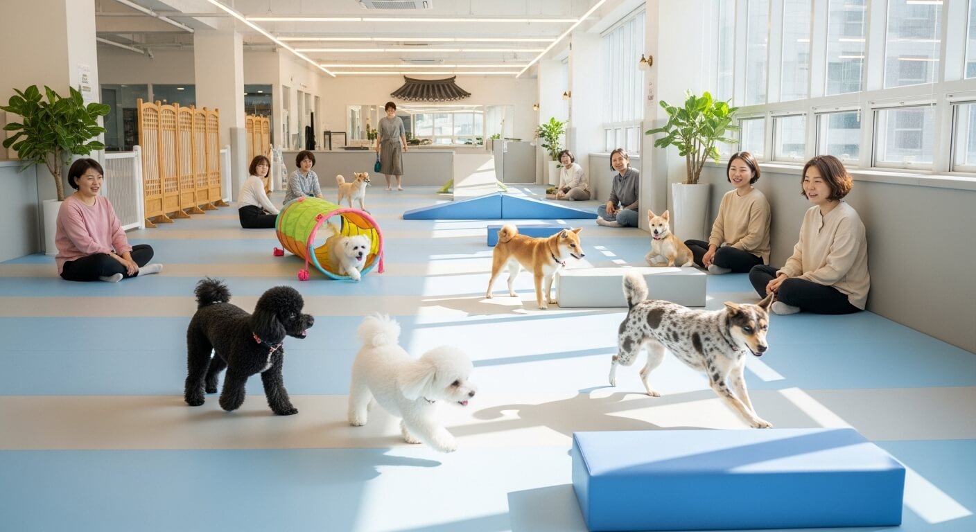 깔끔하고 안전한 한국 실내 반려견 운동장에서 여러 반려견들이 즐겁게 뛰어놀고 있는 모습