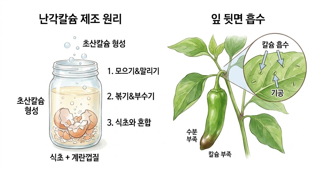계란껍질과 식초가 반응하여 초산칼슘이 되는 과정과 식물 잎 뒷면 기공을 통한 흡수 경로를 나타낸 가이드 삽화
