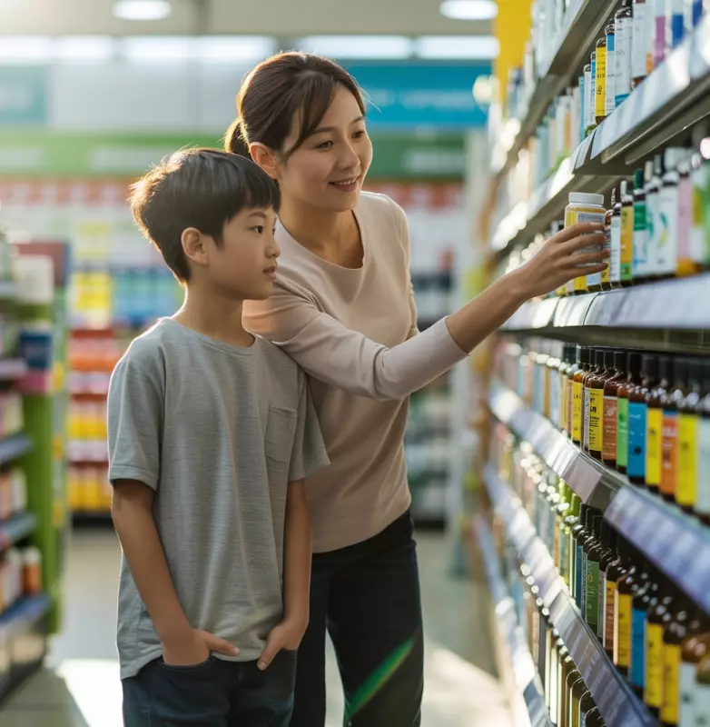 키크는 영양제를 고르고 있는 엄마와 아들 이미지