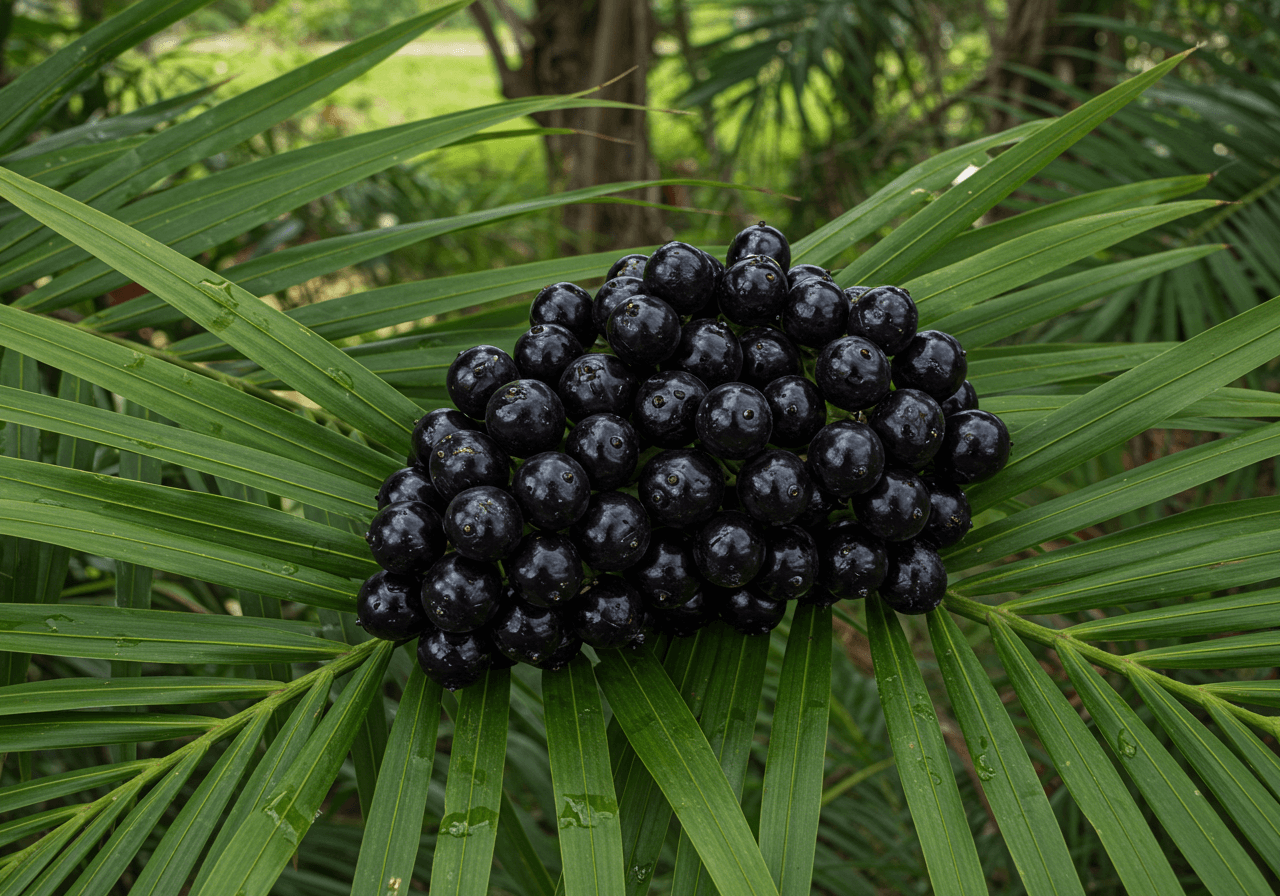쏘팔메토 나무 잎 위에 검은색 열매가 송이처럼 맺혀 있는 모습