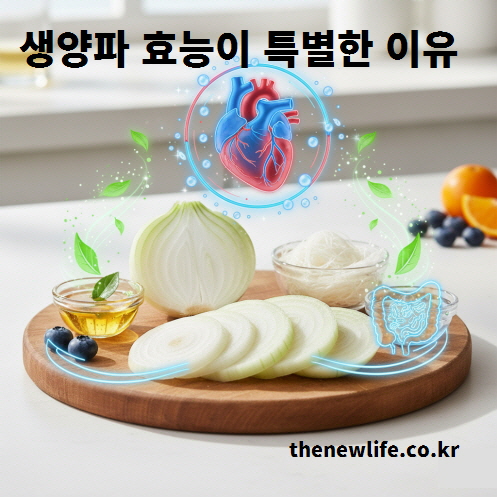 생양파 효능이 특별한 이유를 보여주는 인공 이미지로, 양파와 심장, 장 건강 아이콘이 함께 있는 장면