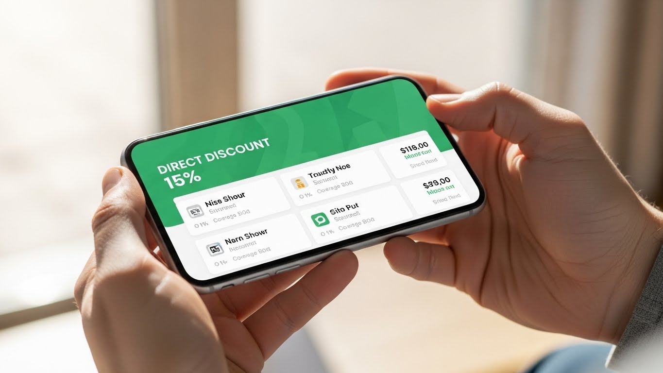 Hands holding a smartphone with an insurance comparison app on the screen, showing 'Direct Discount 15%' text, bright and positive atmosphere, lifestyle photography