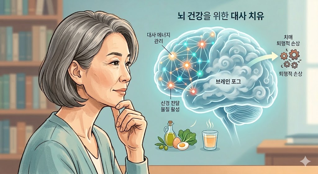 50대 여성의 브레인 포그 증상과 뇌 대사 치유 과정을 시각화한 이미지
