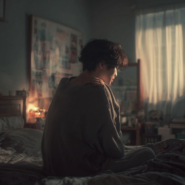 어깨통증이 와서 아파하는 청년