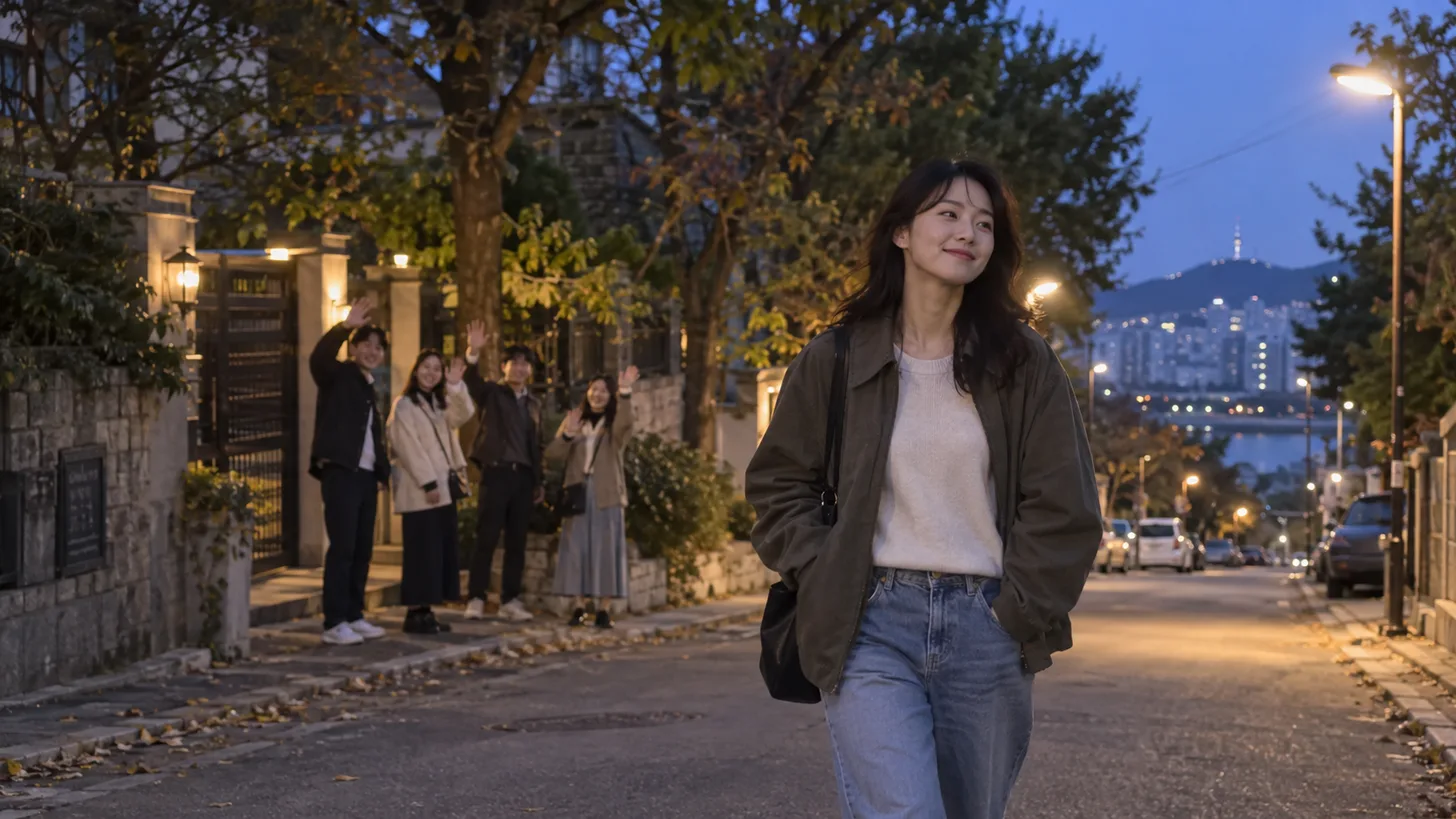 모임을 마치고 편안한 표정으로 길을 걷는 사람