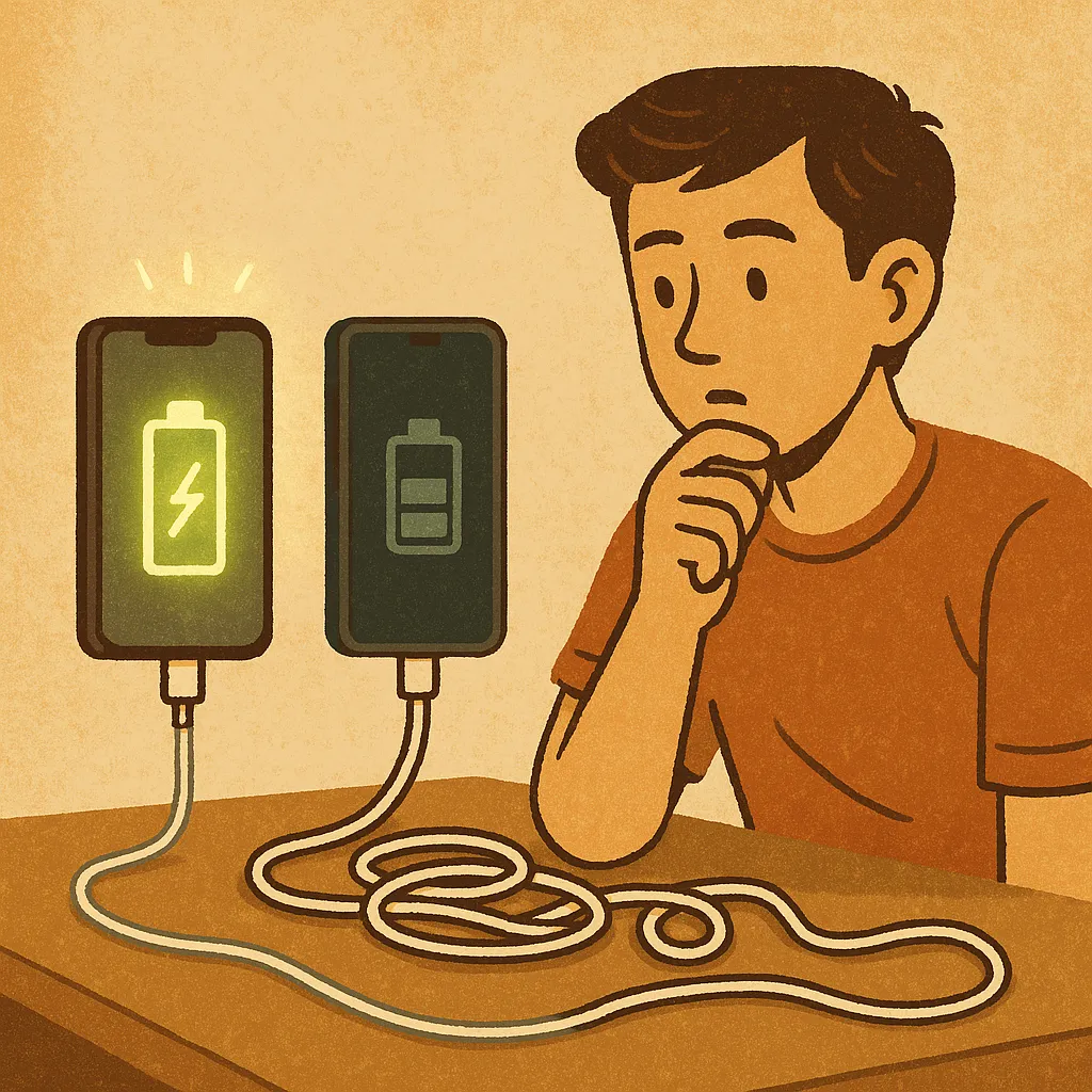 짧은-케이블로-연결된-스마트폰은-밝은-배터리-아이콘이-표시되고-긴-케이블로-연결된-스마트폰은-약한-배터리-아이콘이-보이는-장면-옆에서-호기심-가득하게-바라보는-남성