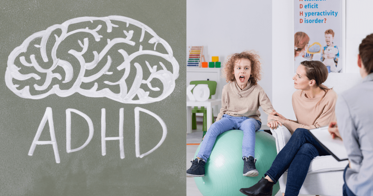 ADHD글씨가 밑에 그려진 뇌와 의사에게 치료받고있는 아이와 아이손을 잡은 어머니