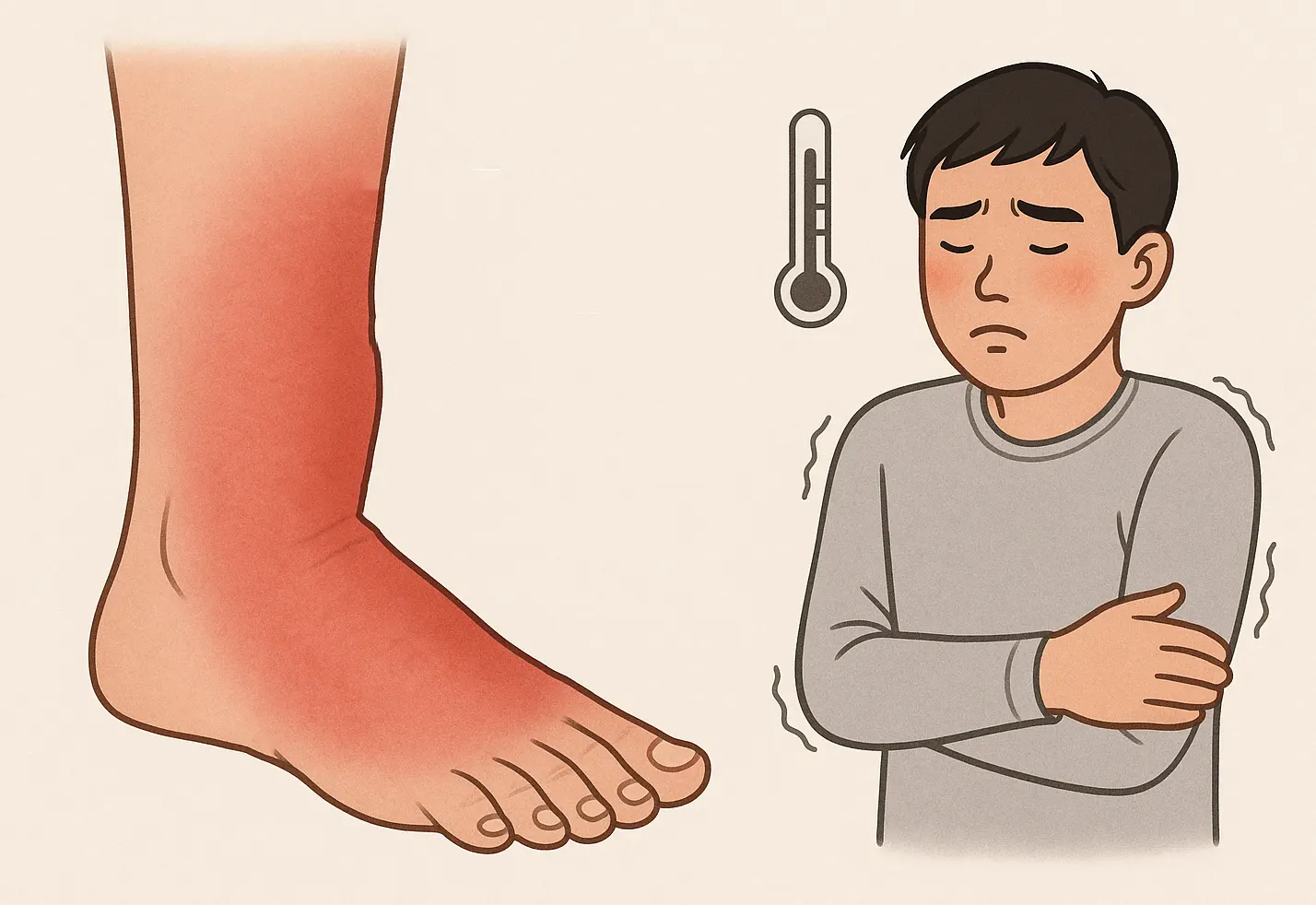 붉게 변하고 부은 다리 피부, 발적, 부종, 열감, 압통, 오한을 느끼는 사람