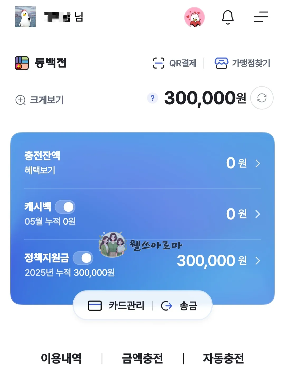 동백전-정책지원금-충전됨