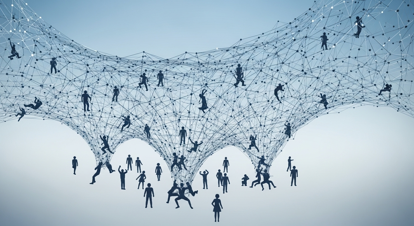 넓게 펼쳐진 그물망이 더 많은 사람들을 포용하는 모습. 복지 사각지대 해소와 지원 확대의 긍정적인 효과를 상징합니다.