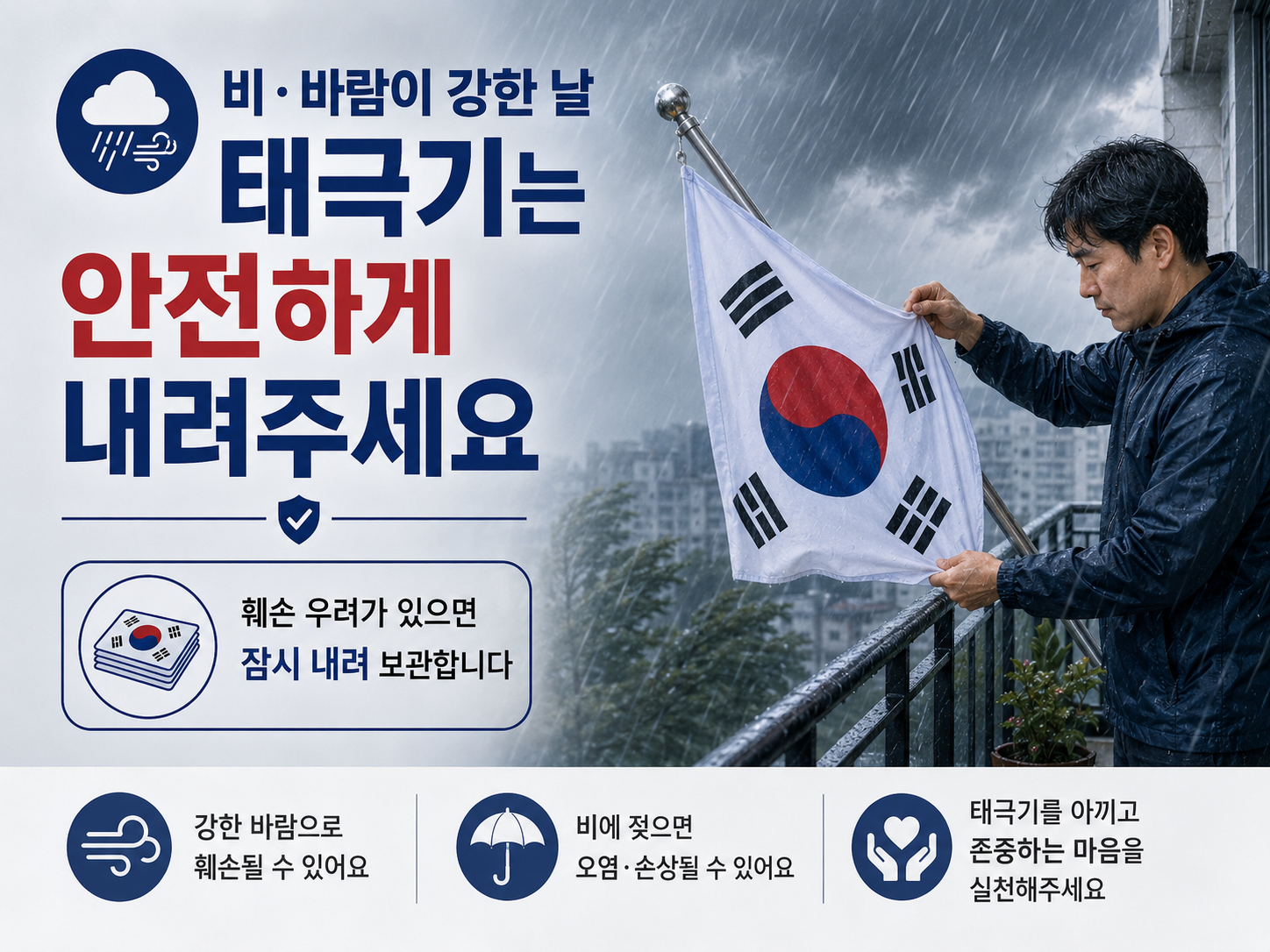 비와 강풍이 심할 때 태극기를 안전하게 내려 보관하는 방법