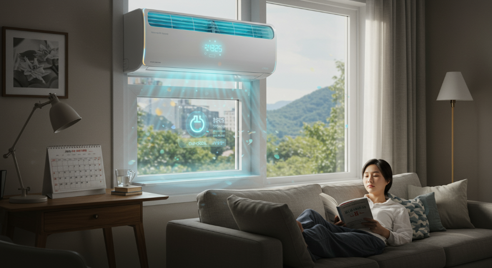 2025년 여름철, 창문형 에어컨을 스마트하게 사용하여 전기요금을 절약하는 아늑한 거실 풍경.
