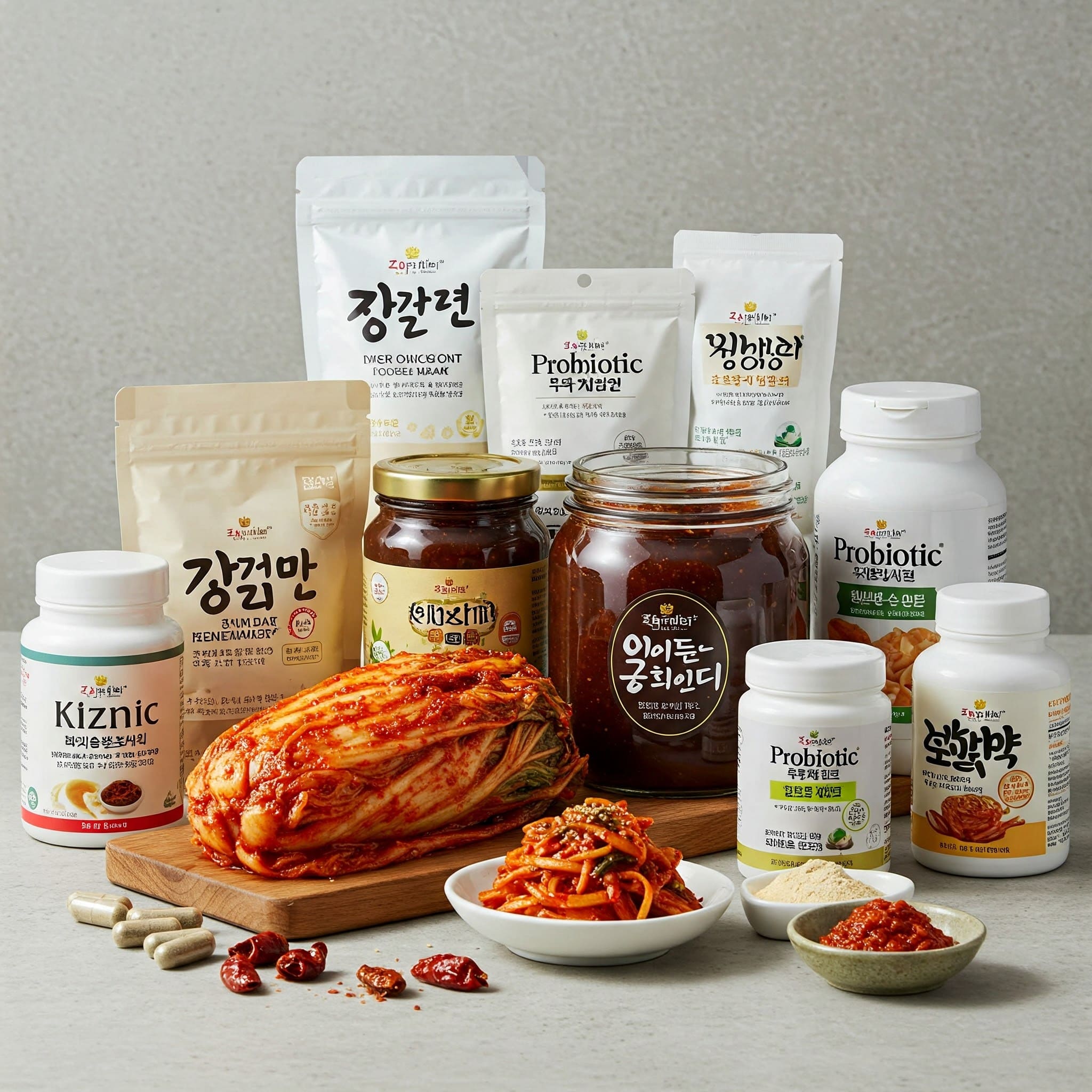 한국 전통 발효식품(김치, 된장)과 다양한 유산균 제품이 함께 놓인 모습, 밝고 선명한 조명, 건강한 느낌의 구성