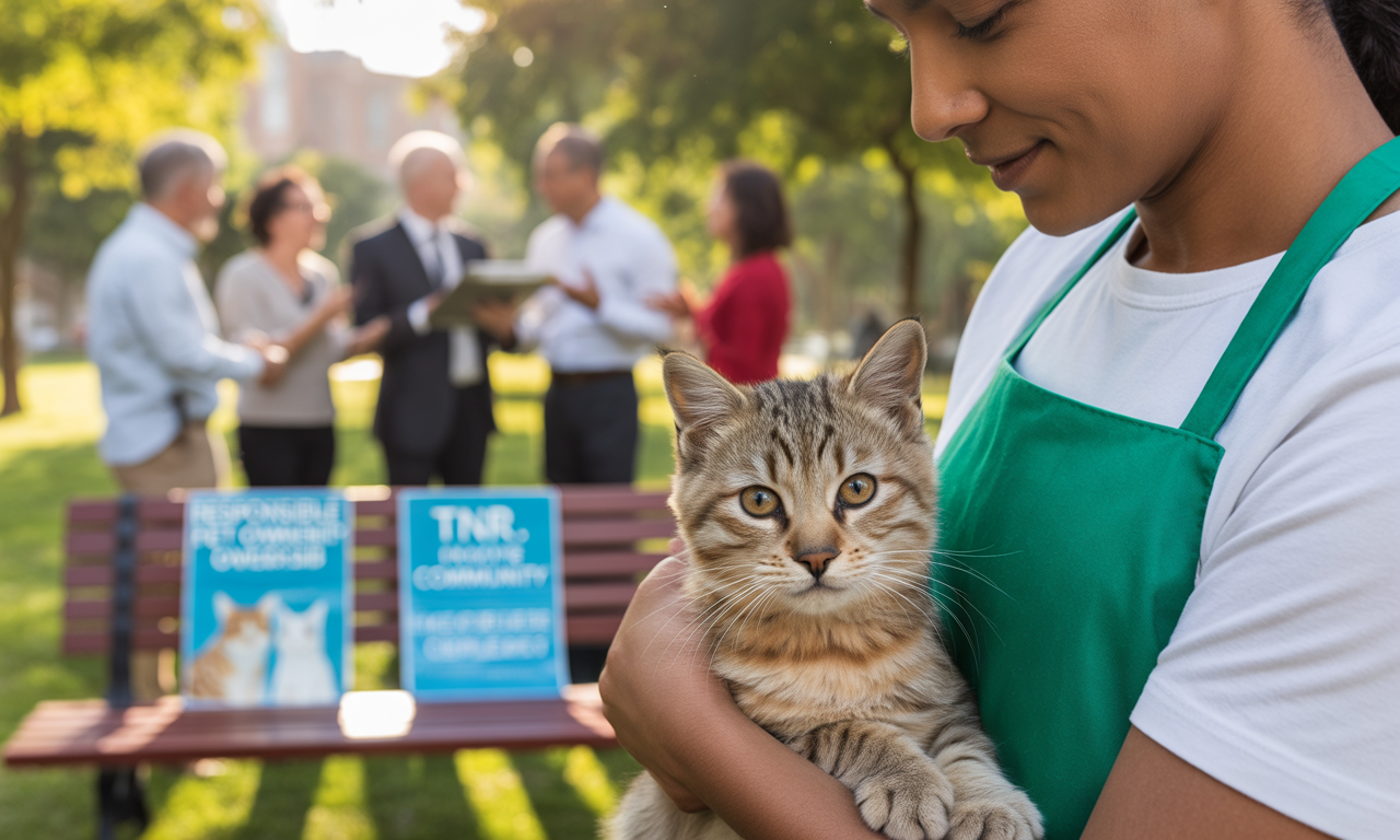 TNR, 지역사회 협력, 인식 개선 등 길고양이와 공존하는 지속 가능한 돌봄의 미래를 상징하는 이미지.