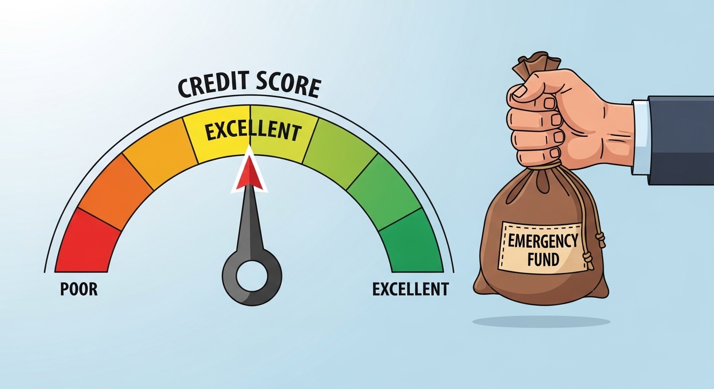 Illustration of a credit score gauge bar going up and a hand holding an emergency fund bag.