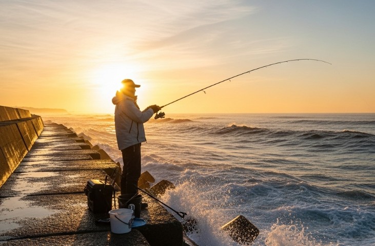 방파제에서 루어 낚시하는 사진
